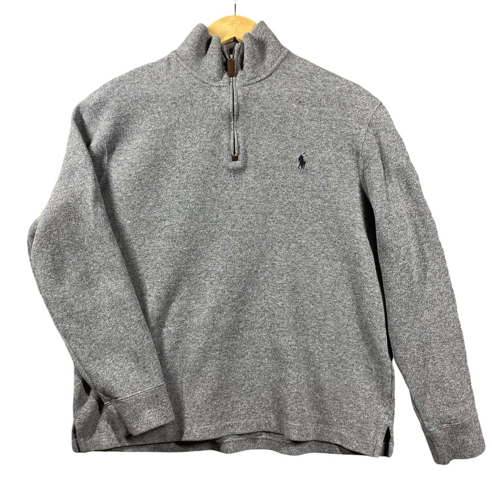 Polo Ralph Lauren Mens Large Estate Rib Quarter Zip Sweater Gray Cotton Preppy